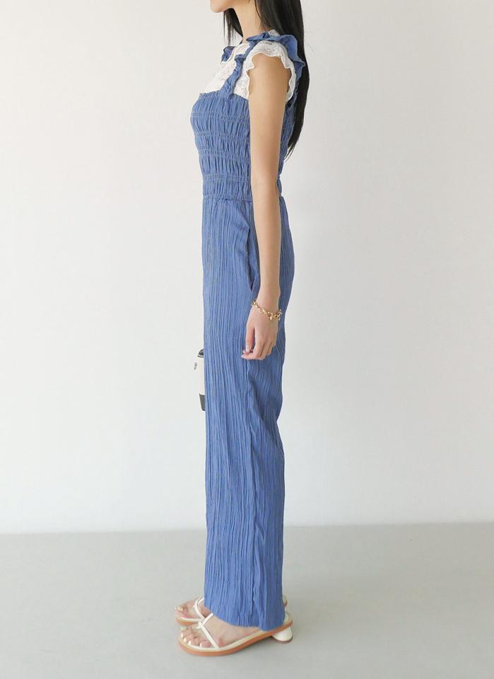 フリルリンクルオールインワン・t00636 レディース 【pt】 韓国ファッション オールインワン パンツ スクエアネック ノースリーブ ロング丈 フリル リンクル スモーキング ワイドネック ガーリー キュート 大人 春 夏 カジュアル