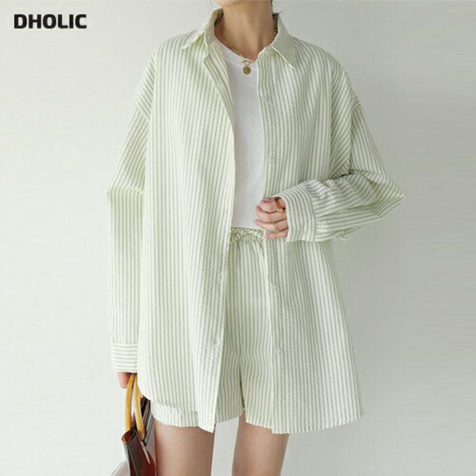 ストライプシャツ&ショートパンツSET・t00633 レディース 【pt】 韓国ファッション セットアップ シャツ カラーネック 長袖 ストライプ オーバーフィット パンツ ショート ウエストゴム ワイド ゆったり 大人カジュアル 春 夏 カジュアル