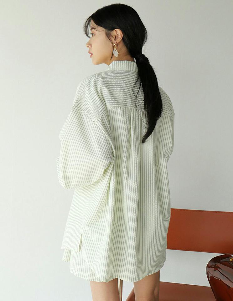 ストライプシャツ&ショートパンツSET・t00633 レディース 【pt】 韓国ファッション セットアップ シャツ カラーネック 長袖 ストライプ オーバーフィット パンツ ショート ウエストゴム ワイド ゆったり 大人カジュアル 春 夏 カジュアル