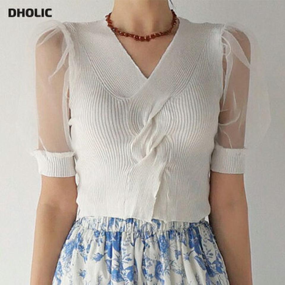 シアースリーブツイストニット・b00632 レディース 【tops】 韓国ファッション トップス ニット Vネック 半袖 パフスリーブ シアー スリーブ クロップド ツイスト リブ スリムフィット ボリューム ガーリー お出かけ 春 夏 カジュアル