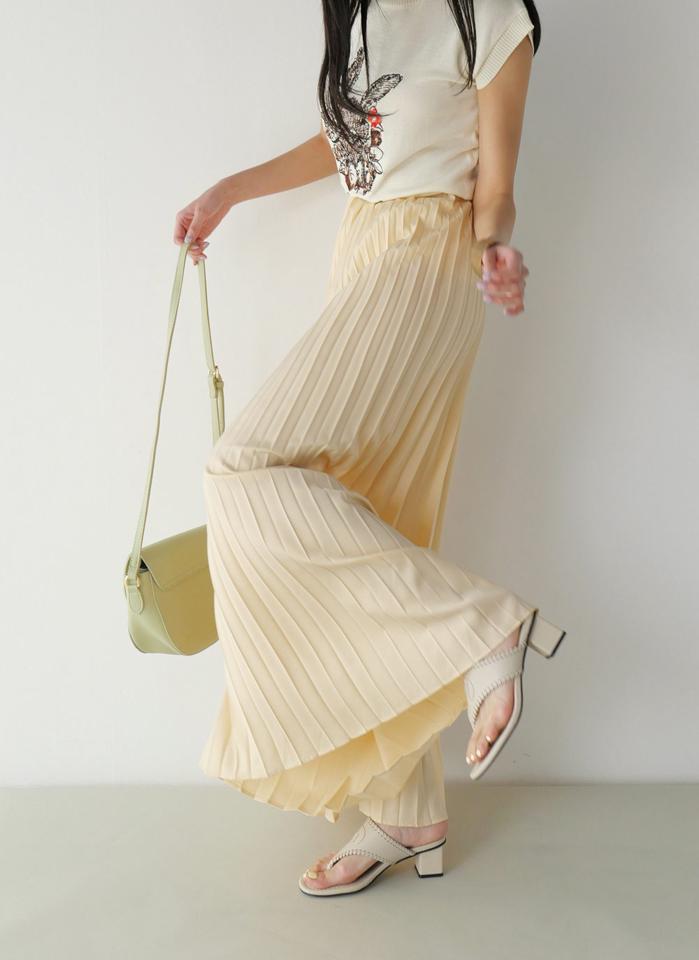 イージープリーツフレアパンツ・b00629 レディース 【pt】 韓国ファッション ボトムス パンツ ロング丈 ハイウエスト フルレングス イージー ウエストゴム プリーツ フレア ワイドネック Aライン 無地 デイリー キュート 春 夏 カジュアル