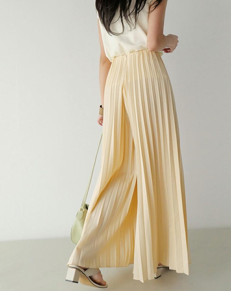 イージープリーツフレアパンツ・b00629 レディース 【pt】 韓国ファッション ボトムス パンツ ロング丈 ハイウエスト フルレングス イージー ウエストゴム プリーツ フレア ワイドネック Aライン 無地 デイリー キュート 春 夏 カジュアル