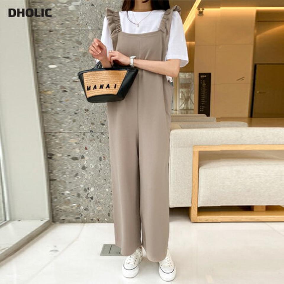 【マラソン特価】フリルワイドオールインワン・t01068 レディース 【pt】 韓国ファッション オールインワン パンツ スクエアネック ノースリーブ ショルダーフリル ロング丈 ワイド ゆったり 無地 ガーリー キュート レイヤード お出かけ 春 夏 カジュアル