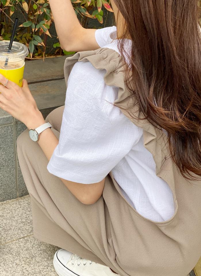 【マラソン特価】フリルワイドオールインワン・t01068 レディース 【pt】 韓国ファッション オールインワン パンツ スクエアネック ノースリーブ ショルダーフリル ロング丈 ワイド ゆったり 無地 ガーリー キュート レイヤード お出かけ 春 夏 カジュアル