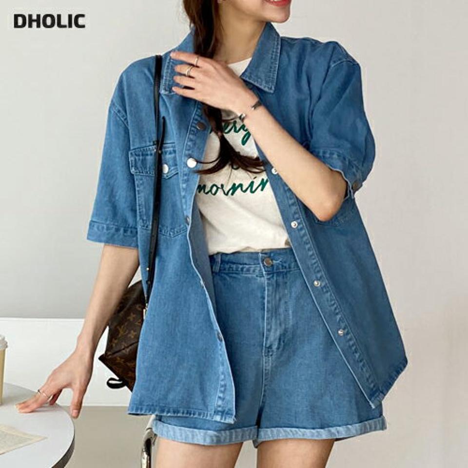 デニムシャツ&ショートパンツSET・t01072 レディース 【pt】 韓国ファッション セットアップ シャツ デニムパンツ カラーネック 半袖 ルーズフィット パンツ ショート丈 ロールアップ ハイウエスト ワイド 無地 レトロ デイリー 春 夏 カジュアル