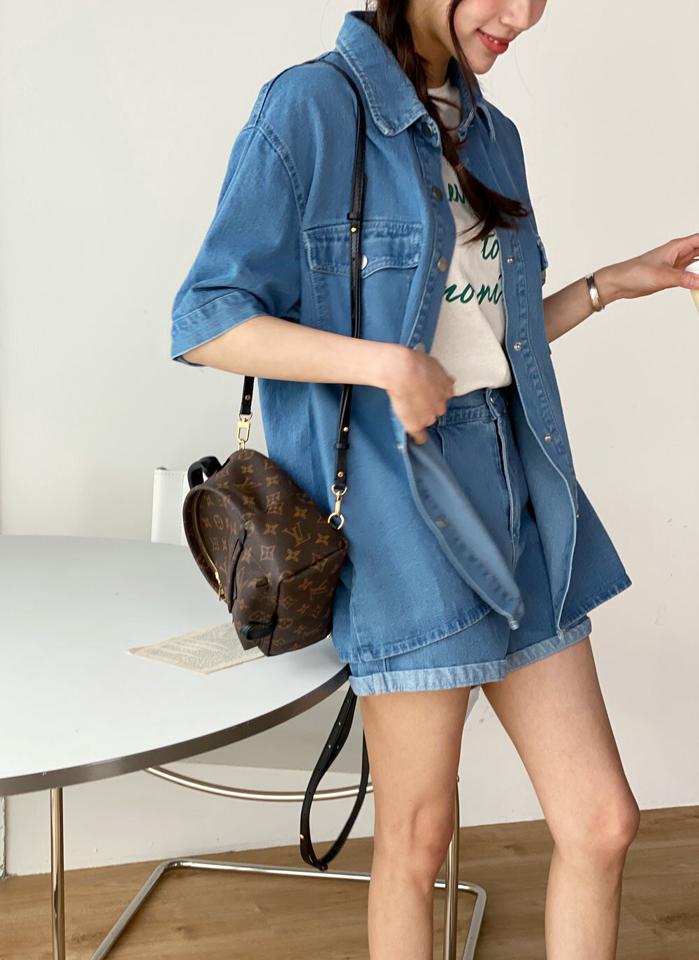 デニムシャツ&ショートパンツSET・t01072 レディース 【pt】 韓国ファッション セットアップ シャツ デニムパンツ カラーネック 半袖 ルーズフィット パンツ ショート丈 ロールアップ ハイウエスト ワイド 無地 レトロ デイリー 春 夏 カジュアル