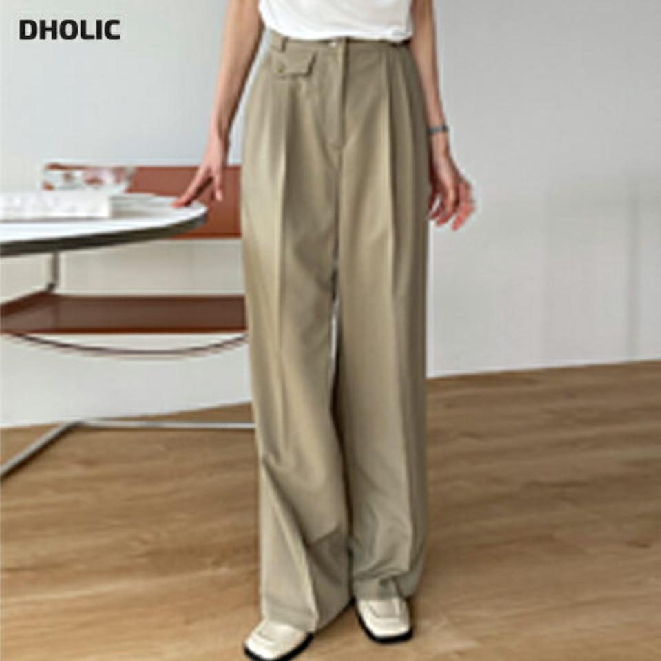 ボタンフラップスラックス・t01082 レディース 【pt】 韓国ファッション ボトムス パンツ スラックス ロング丈 ハイウエスト ボタン フラップポケット ワイド ストレート 無地 オフィスカジュアル モード デイリー 春 夏 秋 カジュアル