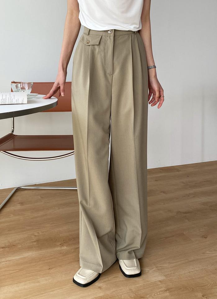 ボタンフラップスラックス・t01082 レディース 【pt】 韓国ファッション ボトムス パンツ スラックス ロング丈 ハイウエスト ボタン フラップポケット ワイド ストレート 無地 オフィスカジュアル モード デイリー 春 夏 秋 カジュアル