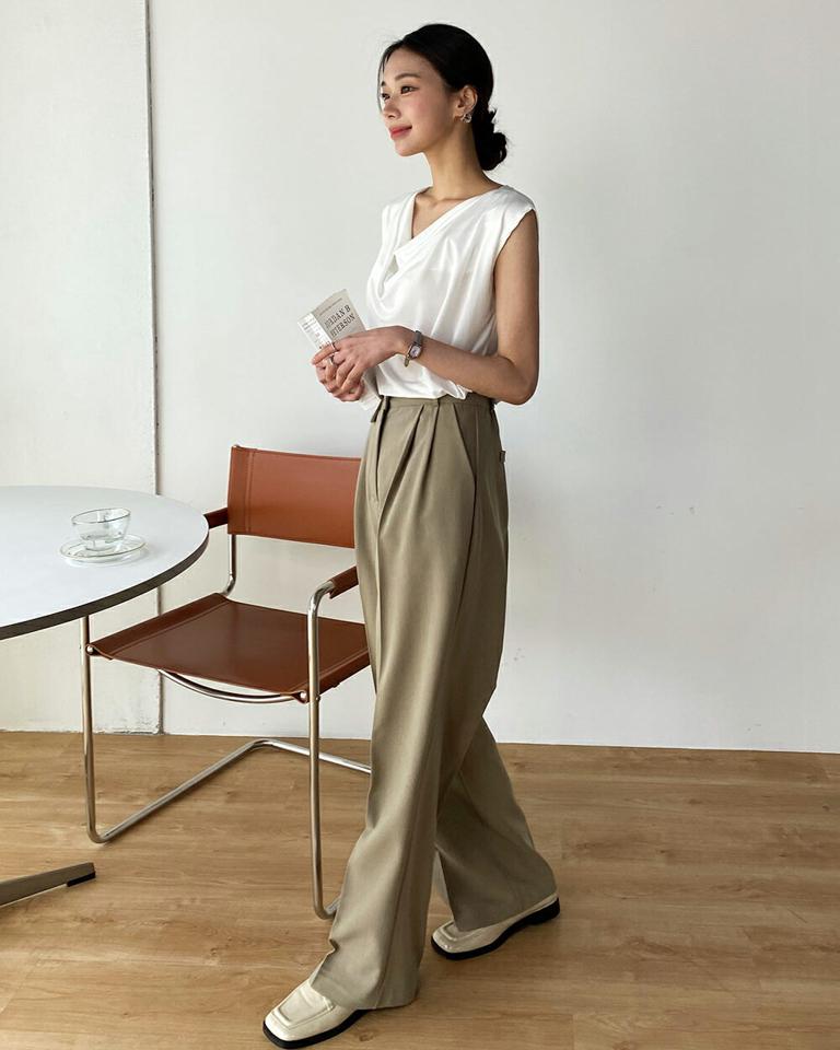 ボタンフラップスラックス・t01082 レディース 【pt】 韓国ファッション ボトムス パンツ スラックス ロング丈 ハイウエスト ボタン フラップポケット ワイド ストレート 無地 オフィスカジュアル モード デイリー 春 夏 秋 カジュアル