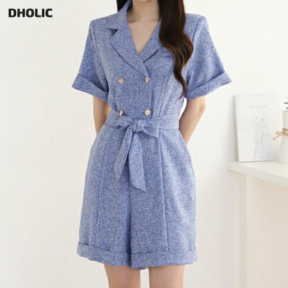 ストラップ付ツイードオールインワン・p004764 レディース 【pt】 韓国ファッション オールインワン パンツ テーラードカラー 半袖 ロールアップ ショート丈 ストラップ付 ワイド ツイード モード 上品 大人 お出かけ 春 夏 カジュアル MKT