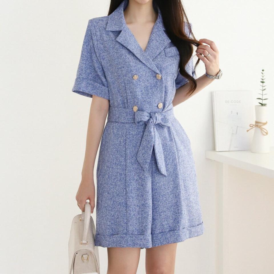 ストラップ付ツイードオールインワン・p004764 レディース 【pt】 韓国ファッション オールインワン パンツ テーラードカラー 半袖 ロールアップ ショート丈 ストラップ付 ワイド ツイード モード 上品 大人 お出かけ 春 夏 カジュアル MKT