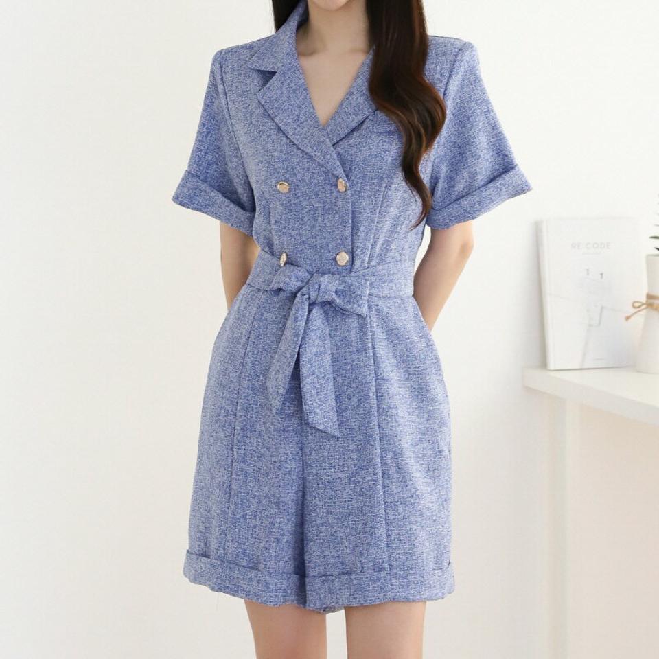 ストラップ付ツイードオールインワン・p004764 レディース 【pt】 韓国ファッション オールインワン パンツ テーラードカラー 半袖 ロールアップ ショート丈 ストラップ付 ワイド ツイード モード 上品 大人 お出かけ 春 夏 カジュアル MKT