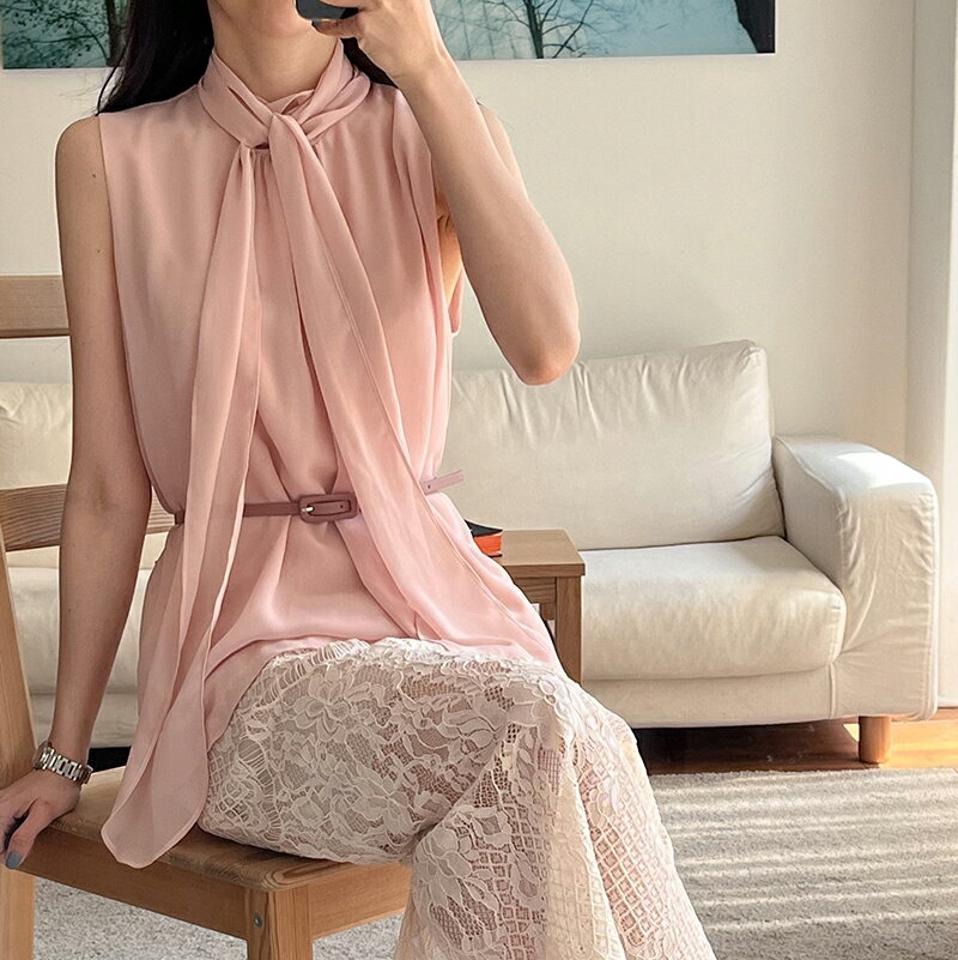 ギャザーリボンシフォンノースリーブ・p004760 レディース 【tops】ノースリーブ スリーブレス トップス 単色 無地 シンプル ベーシック ギャザー ハイネック シフォン お腹カバー 春 夏 パステル フェミニン 上品 韓国ファッション MKT