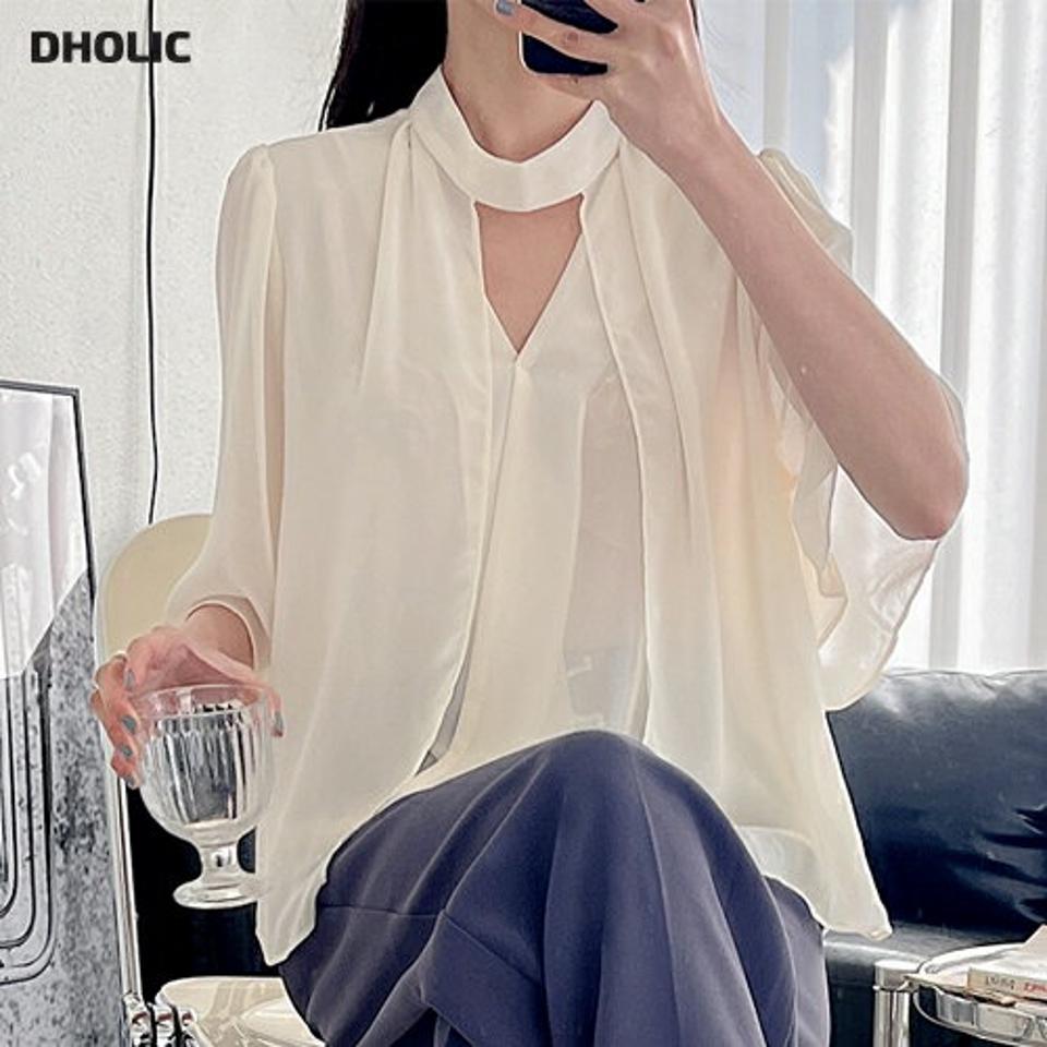 リボンVネックシフォンブラウス・p004757 レディース 【bl】ブラウス トップス 半袖 七分袖 7分袖 Vネック シフォン 二の腕カバー オフィスカジュアル 大人 上品 高級感 フェミニン 春 夏 きれいめ パステル 韓国ファッション MKT