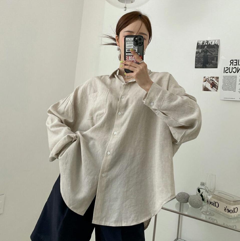 リネン混ワンポケットシャツ・p004725 レディース 【bl】 韓国ファッション トップス シャツ カラーネック 長袖 ミドル丈 ラウンドヘム リネン混 ワンポイケット ルーズフィット ゆったり 無地 シンプル デイリー 春 夏 カジュアル MKT