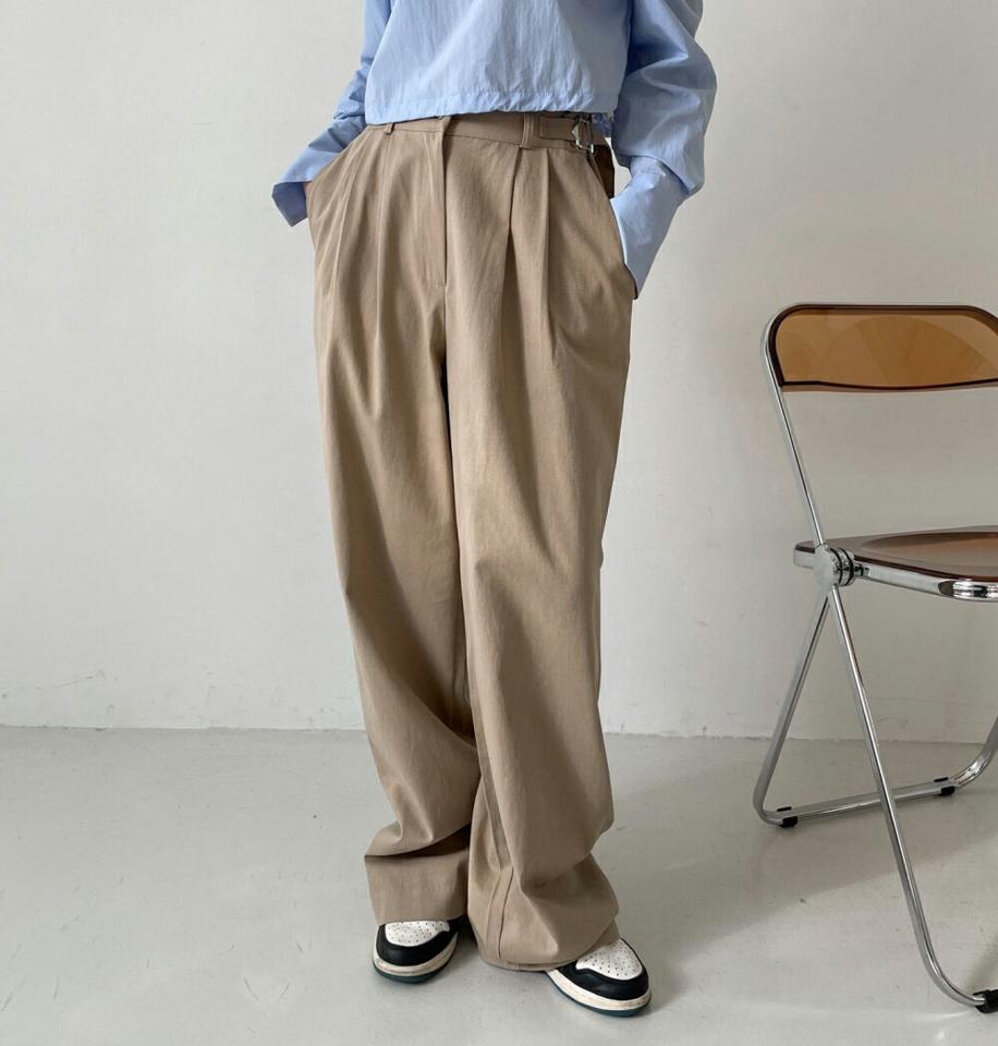 ベルトワイドコットンパンツ・p004722 レディース 【pt】パンツ ロング丈 ワイド チノパンツ 単色 無地 シンプル ベーシック ベルト タック フルレングス カジュアル ラフ 春 夏 秋 冬 韓国ファッション MKT