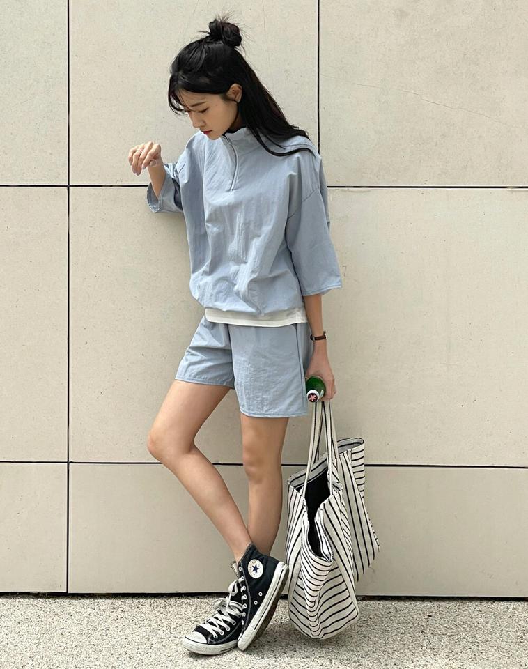 ナイロン2WAYプルオーバー&ショートパンツSET・t00482 レディース 【pt】 韓国ファッション セットアップ プルオーバー ハーフジップ 2WAY 半袖 ゆったり ウエストゴム ナイロン パンツ ショート ワイド 無地 スポーティー 春 夏 カジュアル