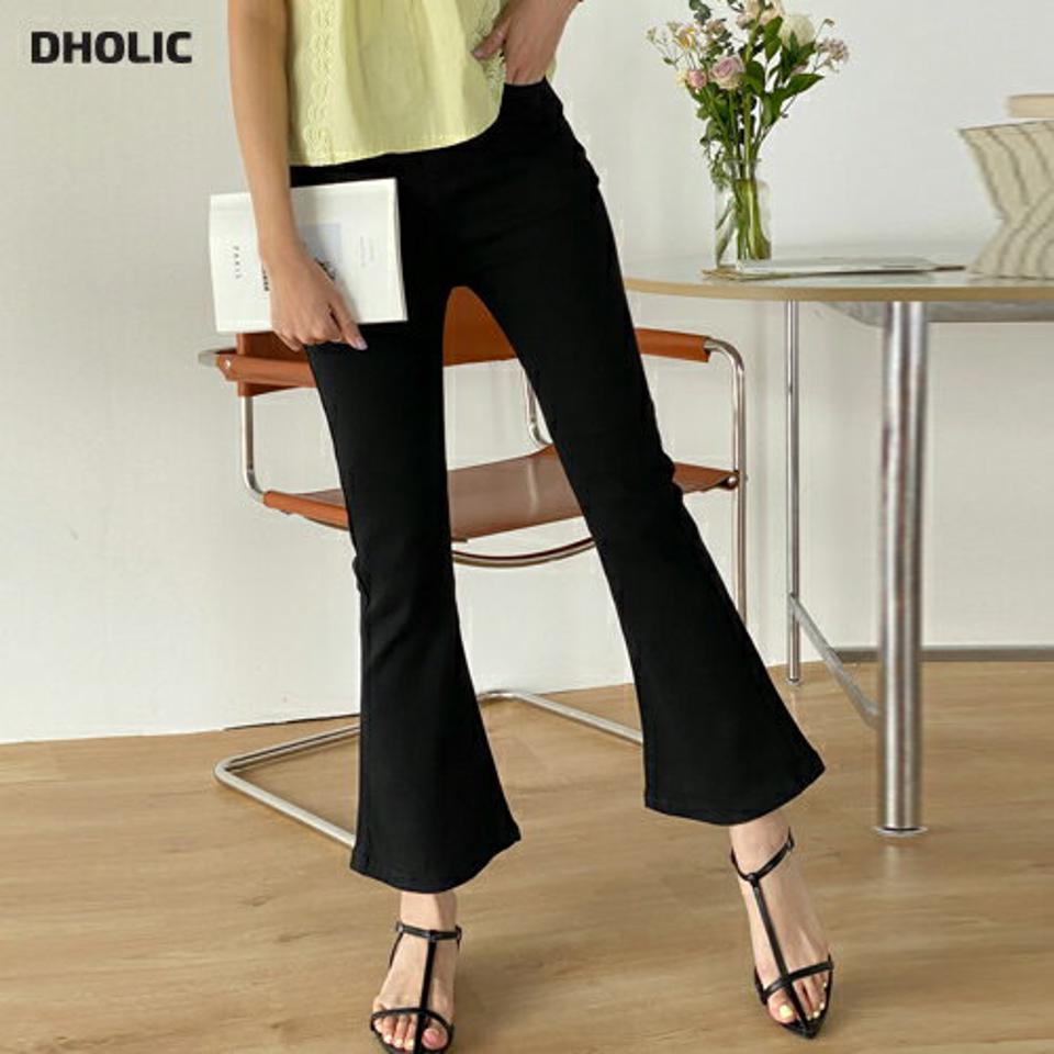 ブラックフレアパンツ・r00496 レディース 【pt】 韓国ファッション ボトムス パンツ ロング丈 9分丈 ハイウエスト ブラック コットン混 フレア スリムフィット 細身 無地 シンプル 大人 モード フェミニン 春 夏 カジュアル