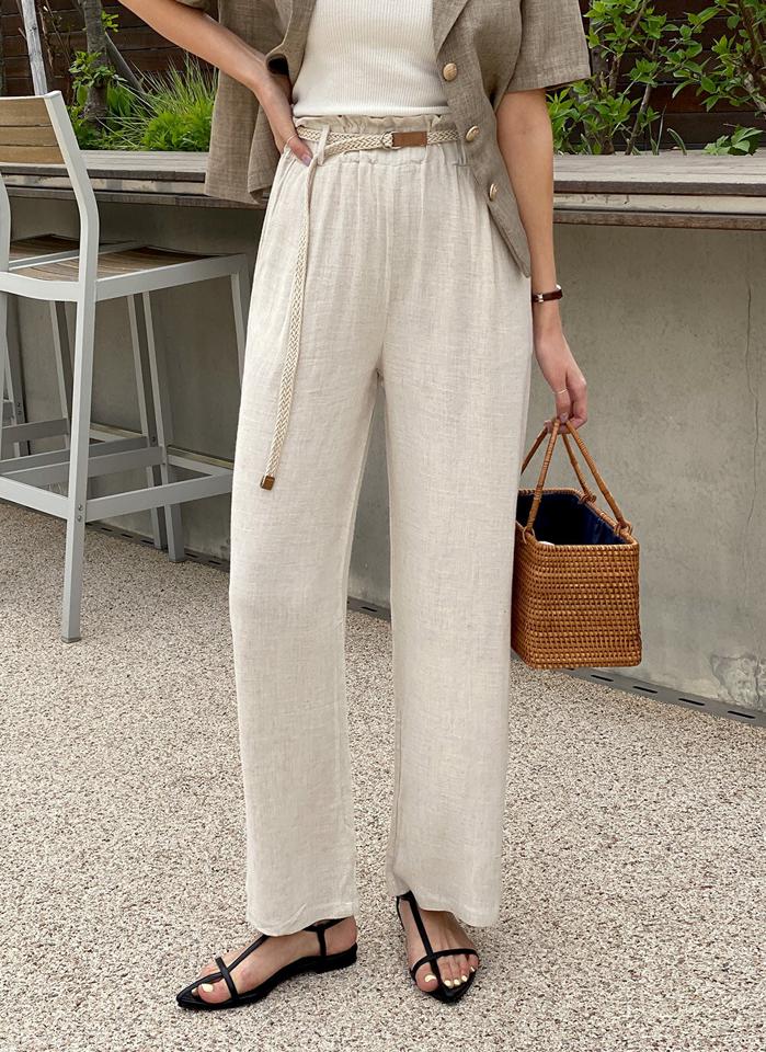 ベルト付イージーワイドパンツ・r00502 レディース 【pt】 韓国ファッション ボトムス パンツ ロング丈 ハイウエスト ウエストゴム イージー ベルト付き ワイド ストレート コットン混 無地 ナチュラル 大人 春 夏 カジュアル