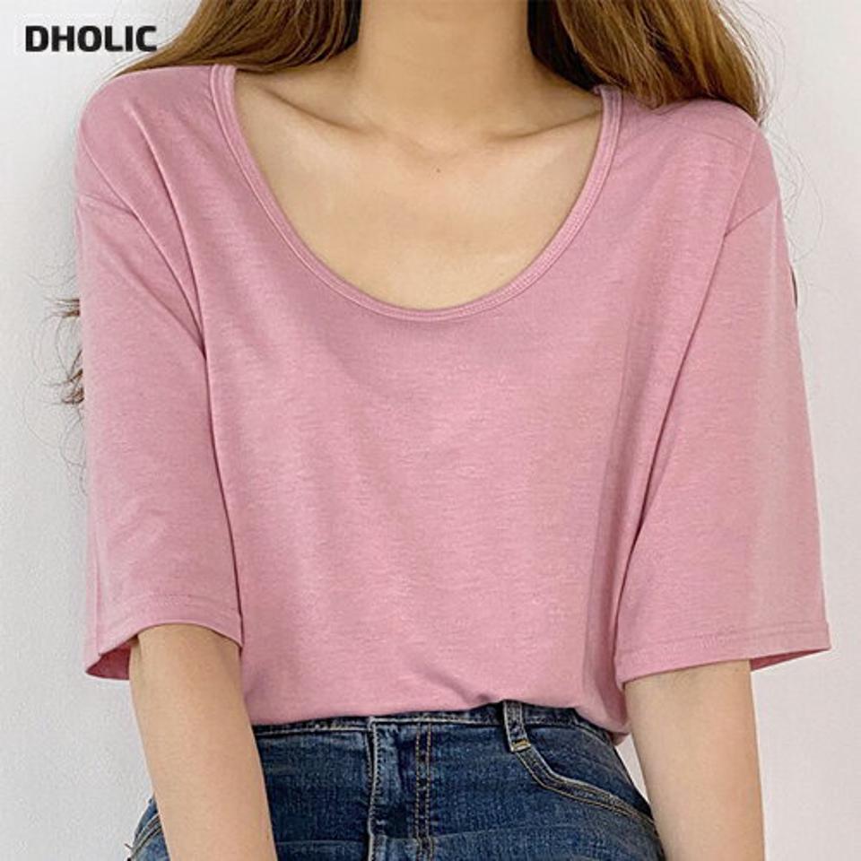 Uネック半袖Tシャツ・b00567 レディース 【tops】 韓国ファッション トップス Tシャツ Uネック 半袖 股丈 ハーフスリーブ ルーズフィット ゆったり 無地 パステル シンプル ベーシック 大人カジュアル デイリー 春 夏 カジュアル