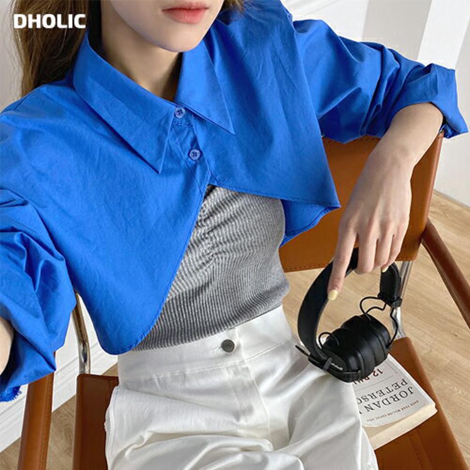 ボレロ風クロップドシャツ・t00605 レディース 【bl】 韓国ファッション トップス シャツ カラーネック 長袖 クロップド ボレロ風 ルーズフィット ゆったり コットン 綿100 無地 カラフル ガーリー レイヤード 春 夏 カジュアル