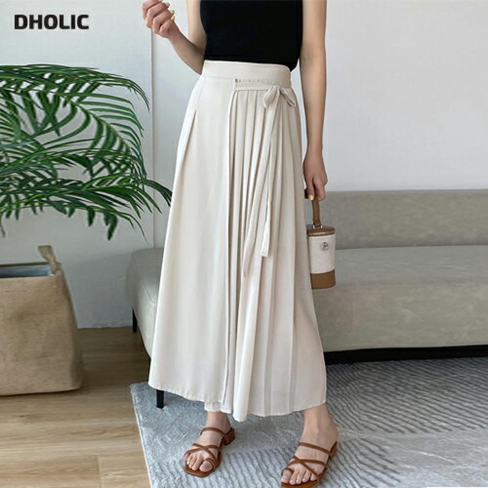 リボンラップ調プリーツパンツ・b00589 レディース 【pt】 韓国ファッション ボトムス パンツ ロング丈 ハイウエスト ラップ調 リボン サイドストラップ プリーツ ワイド フレア Aライン ルーズ 無地 モード お出かけ 春 夏 カジュアル