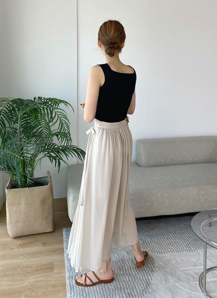 リボンラップ調プリーツパンツ・b00589 レディース 【pt】 韓国ファッション ボトムス パンツ ロング丈 ハイウエスト ラップ調 リボン サイドストラップ プリーツ ワイド フレア Aライン ルーズ 無地 モード お出かけ 春 夏 カジュアル