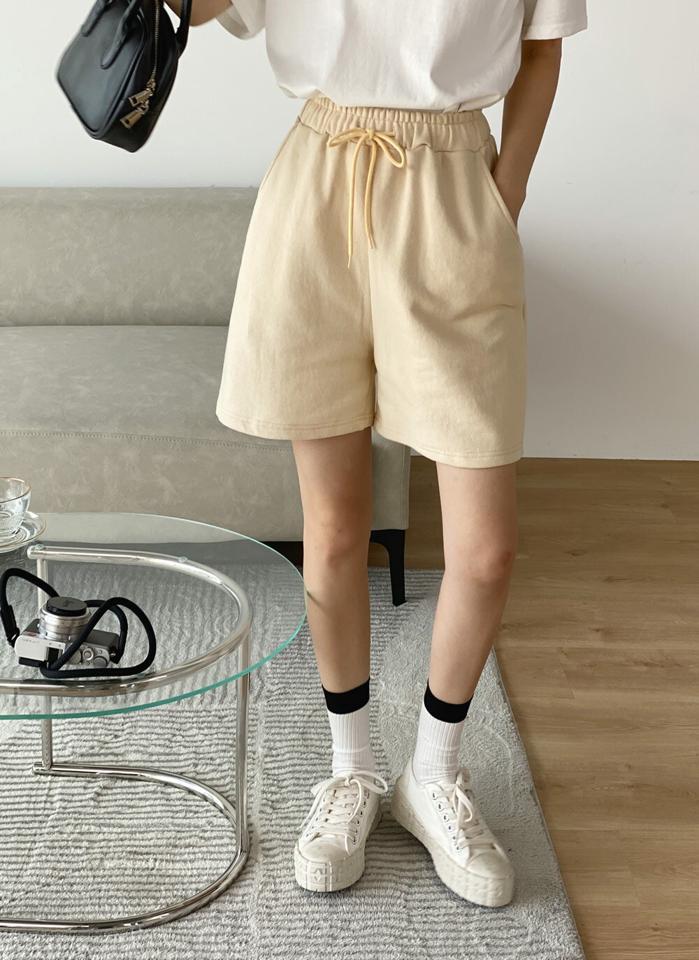 ストリングスウェットハーフパンツ・b00588 レディース 【pt】 韓国ファッション ボトムス パンツ ハーフ丈 ハイウエスト ストリング ウエストゴム スウェット ワイド 無地 パステル シンプル キュート デイリー ベーシック 春 夏 カジュアル