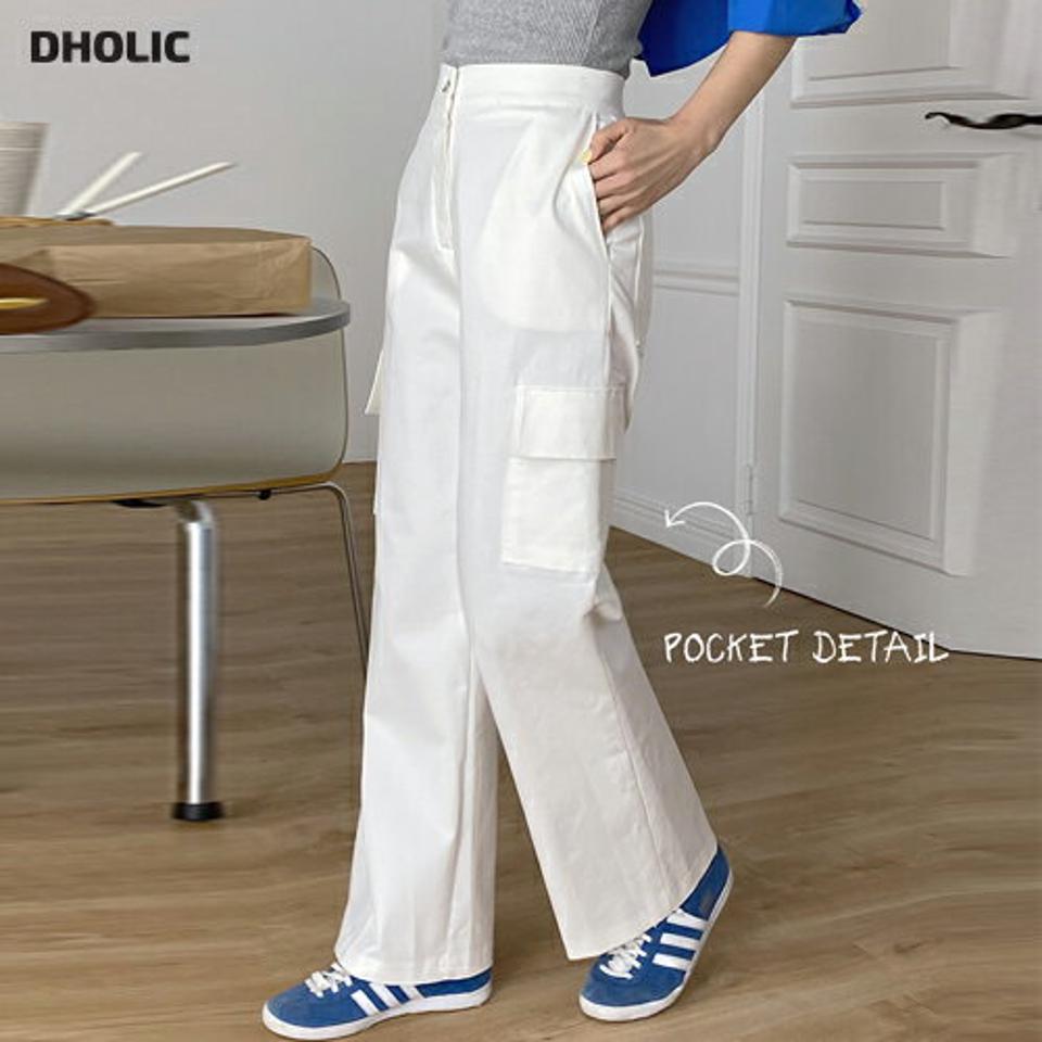 ワイドカーゴパンツ・t00585 レディース 【pt】 韓国ファッション ボトムス パンツ ロング丈 ハイウエスト カーゴポケット ワイド ストレート コットン混 無地 レトロ ストリート デイリー 大人カジュアル 春 夏 カジュアル