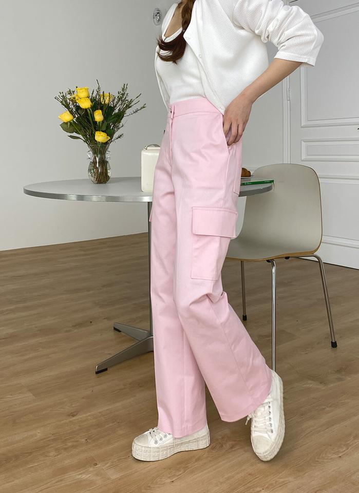 ワイドカーゴパンツ・t00585 レディース 【pt】 韓国ファッション ボトムス パンツ ロング丈 ハイウエスト カーゴポケット ワイド ストレート コットン混 無地 レトロ ストリート デイリー 大人カジュアル 春 夏 カジュアル