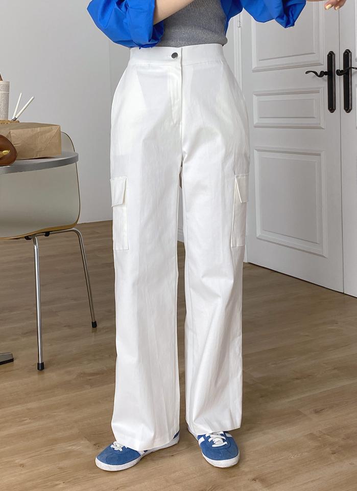 ワイドカーゴパンツ・t00585 レディース 【pt】 韓国ファッション ボトムス パンツ ロング丈 ハイウエスト カーゴポケット ワイド ストレート コットン混 無地 レトロ ストリート デイリー 大人カジュアル 春 夏 カジュアル