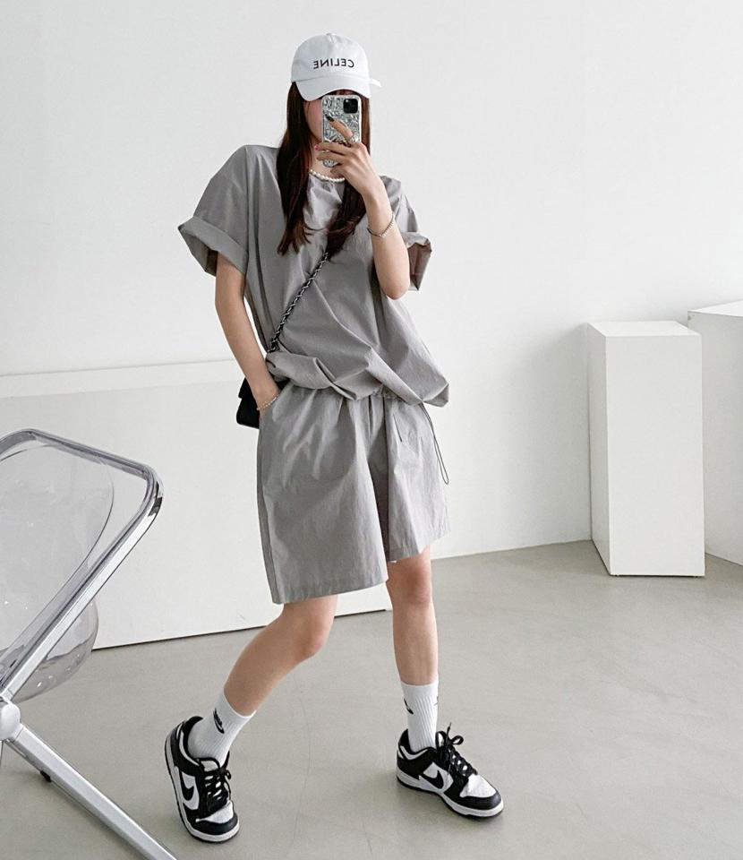 ドローコードTシャツ&ハーフパンツSET・p004849 レディース 【pt】セットアップ セット setup トップス Tシャツ 半袖 単色 無地 シンプル ベーシック ドローコード パンツ ハーフ丈 ショーパン 春 夏 カジュアル ラフ 韓国ファッション MKT