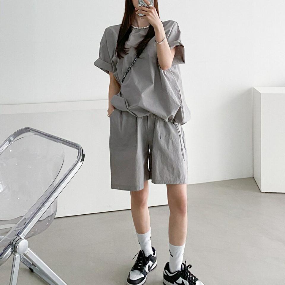 ドローコードTシャツ&ハーフパンツSET・p004849 レディース 【pt】セットアップ セット setup トップス Tシャツ 半袖 単色 無地 シンプル ベーシック ドローコード パンツ ハーフ丈 ショーパン 春 夏 カジュアル ラフ 韓国ファッション MKT