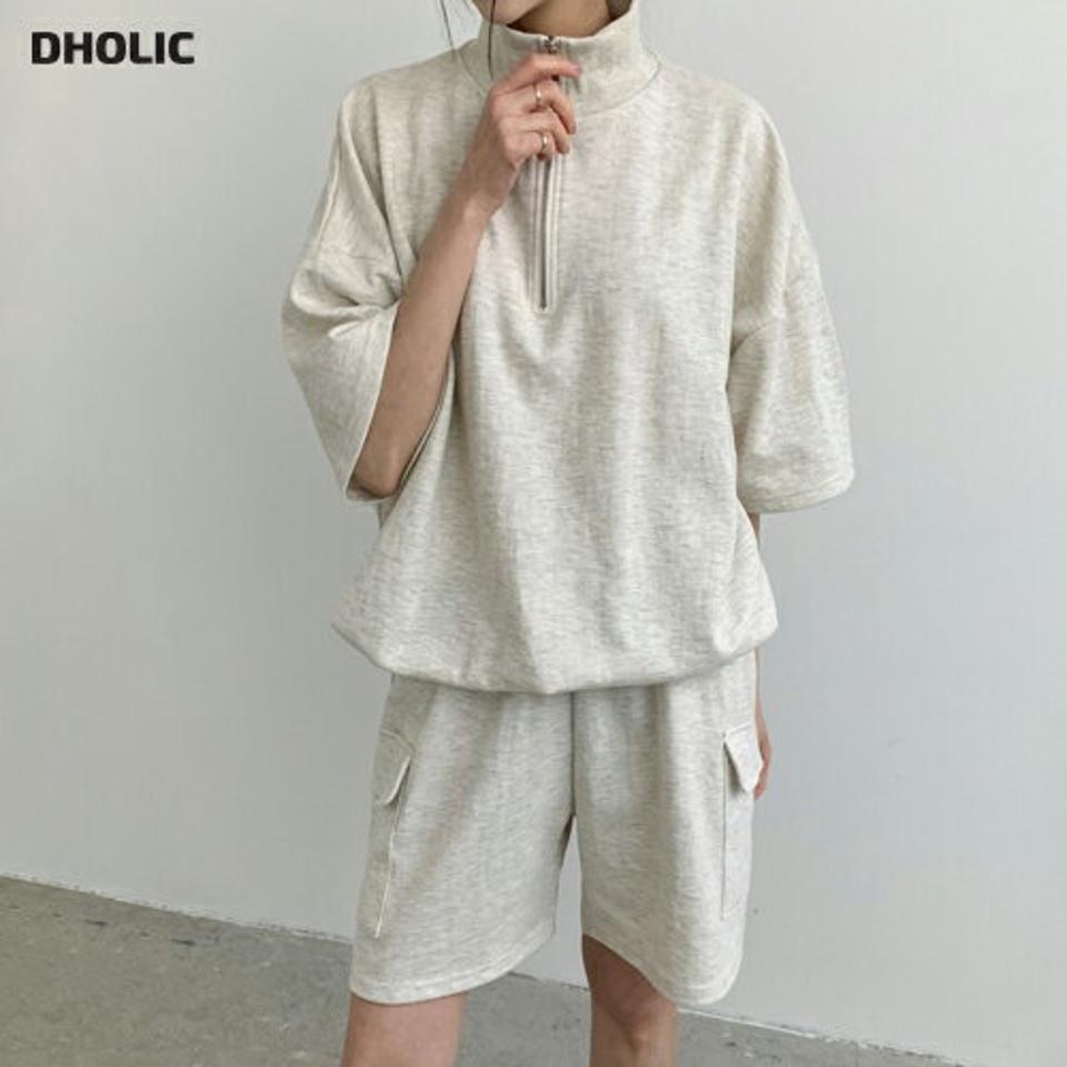 ジップドロストスウェット&カーゴパンツSET・p004845 レディース 【pt】セットアップ セット setup スウェット トレーナー 単色 半袖 五分袖 5分袖 ハーフジップ パンツ カーゴ ショート丈 ショーパン 春 夏 カジュアル ラフ 韓国ファッション MKT