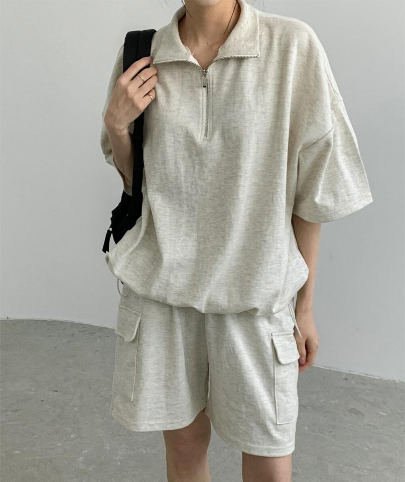 ジップドロストスウェット&カーゴパンツSET・p004845 レディース 【pt】セットアップ セット setup スウェット トレーナー 単色 半袖 五分袖 5分袖 ハーフジップ パンツ カーゴ ショート丈 ショーパン 春 夏 カジュアル ラフ 韓国ファッション MKT