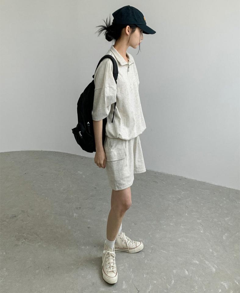 ジップドロストスウェット&カーゴパンツSET・p004845 レディース 【pt】セットアップ セット setup スウェット トレーナー 単色 半袖 五分袖 5分袖 ハーフジップ パンツ カーゴ ショート丈 ショーパン 春 夏 カジュアル ラフ 韓国ファッション MKT