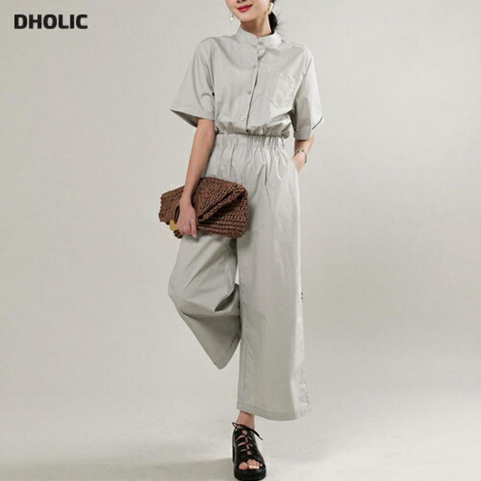 スタンドカラー半袖オールインワン・b00760 レディース 【pt】 韓国ファッション オールインワン パンツ カラーネック 半袖 スタンドカラー ウエストゴム ハーフボタン コットン ワイド 無地 大人カジュアル ストリート 春 夏 カジュアル