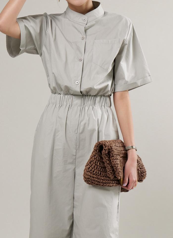 スタンドカラー半袖オールインワン・b00760 レディース 【pt】 韓国ファッション オールインワン パンツ カラーネック 半袖 スタンドカラー ウエストゴム ハーフボタン コットン ワイド 無地 大人カジュアル ストリート 春 夏 カジュアル