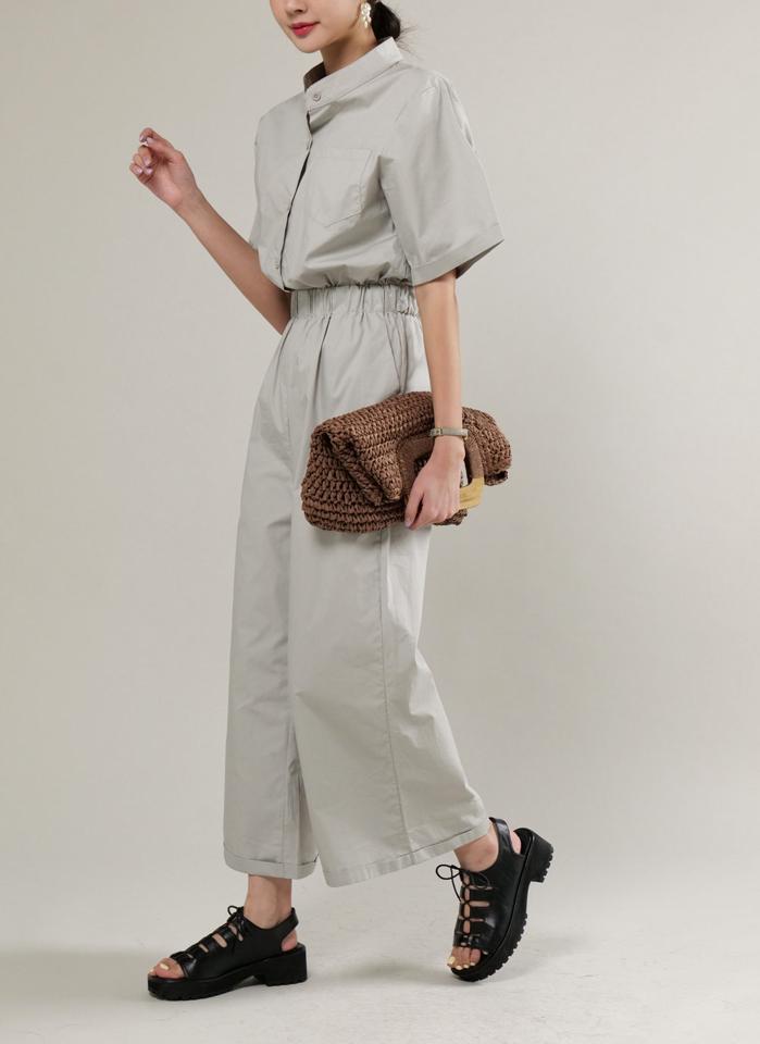 スタンドカラー半袖オールインワン・b00760 レディース 【pt】 韓国ファッション オールインワン パンツ カラーネック 半袖 スタンドカラー ウエストゴム ハーフボタン コットン ワイド 無地 大人カジュアル ストリート 春 夏 カジュアル