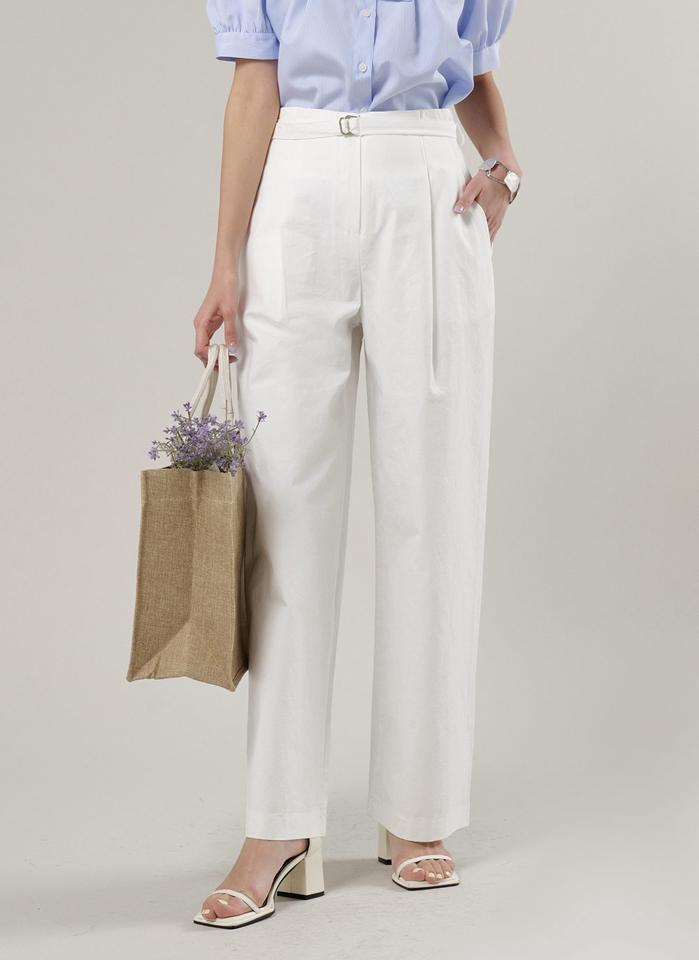 ベルト付タックチノパンツ・t00764 レディース 【pt】 韓国ファッション ボトムス パンツ ロング丈 フルレングス ハイウエスト ベルト付 タック ワイド ストレート コットン 無地 大人 モード デイリー シンプル 春 夏 カジュアル