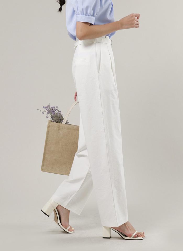 ベルト付タックチノパンツ・t00764 レディース 【pt】 韓国ファッション ボトムス パンツ ロング丈 フルレングス ハイウエスト ベルト付 タック ワイド ストレート コットン 無地 大人 モード デイリー シンプル 春 夏 カジュアル