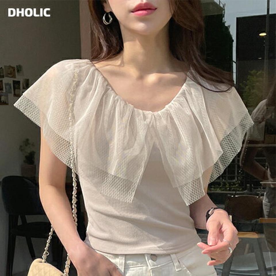 シアーラッフルTシャツ・t00683 レディース 【tops】 韓国ファッション トップス ノースリーブ ワイドネック ラッフルネック ラッフル シアー 透け感 クロップド スリムフィット ボリューム 無地 モード ユニーク 春 夏 カジュアル