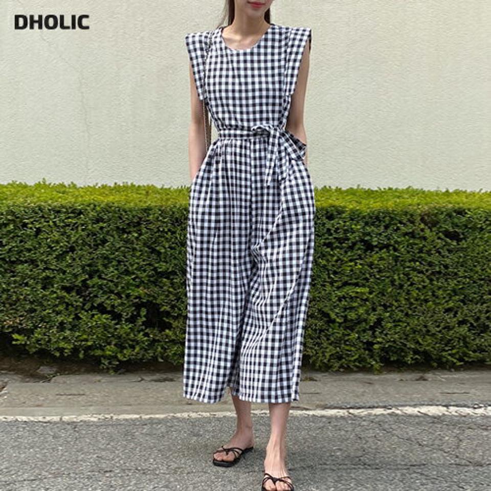 2TYPEストラップ付オールインワン・b00700 レディース 【pt】 韓国ファッション オールインワン パンツ ラウンドネック ノースリーブ 2TYPE ストラップ付 ロング丈 9分丈 ワイド チェック柄 無地 ガーリー 大人カジュアル 春 夏 カジュアル