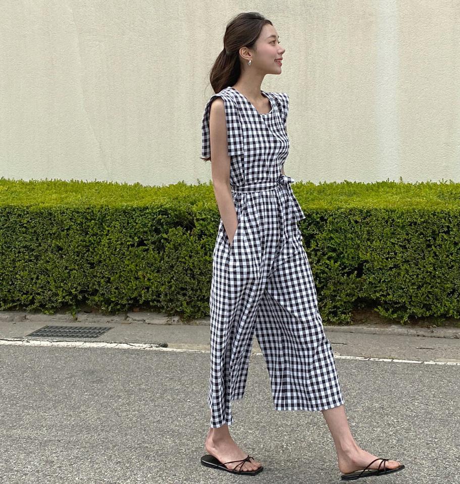 2TYPEストラップ付オールインワン・b00700 レディース 【pt】 韓国ファッション オールインワン パンツ ラウンドネック ノースリーブ 2TYPE ストラップ付 ロング丈 9分丈 ワイド チェック柄 無地 ガーリー 大人カジュアル 春 夏 カジュアル