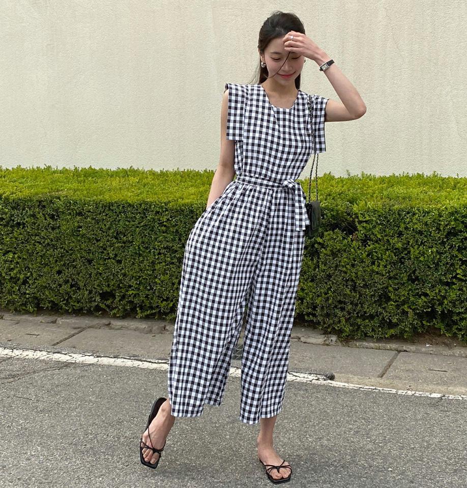 2TYPEストラップ付オールインワン・b00700 レディース 【pt】 韓国ファッション オールインワン パンツ ラウンドネック ノースリーブ 2TYPE ストラップ付 ロング丈 9分丈 ワイド チェック柄 無地 ガーリー 大人カジュアル 春 夏 カジュアル