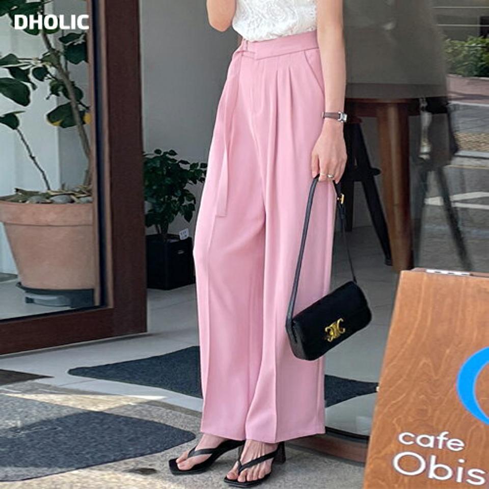 ベルトツータックスラックス・t00706 レディース 【pt】 韓国ファッション ボトムス パンツ ロング丈 フルレングス ハイウエスト サイドベルト ツータック ワイド ルーズフィット 無地 パステル 大人カジュアル モード 春 夏 カジュアル