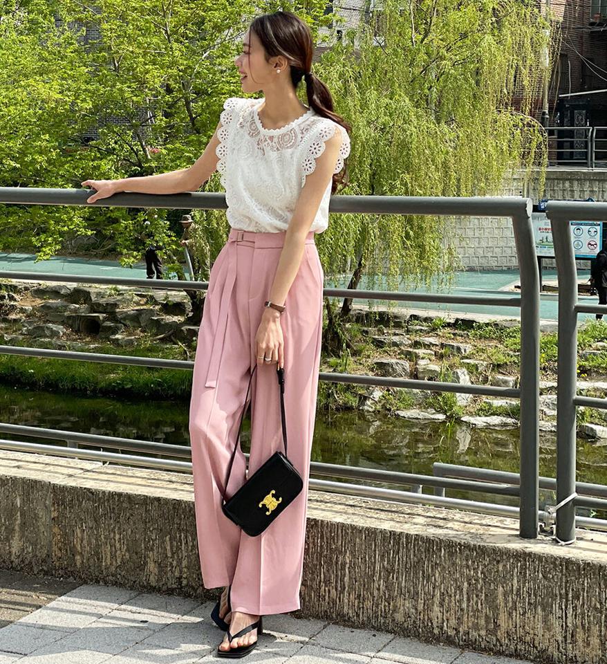 ベルトツータックスラックス・t00706 レディース 【pt】 韓国ファッション ボトムス パンツ ロング丈 フルレングス ハイウエスト サイドベルト ツータック ワイド ルーズフィット 無地 パステル 大人カジュアル モード 春 夏 カジュアル