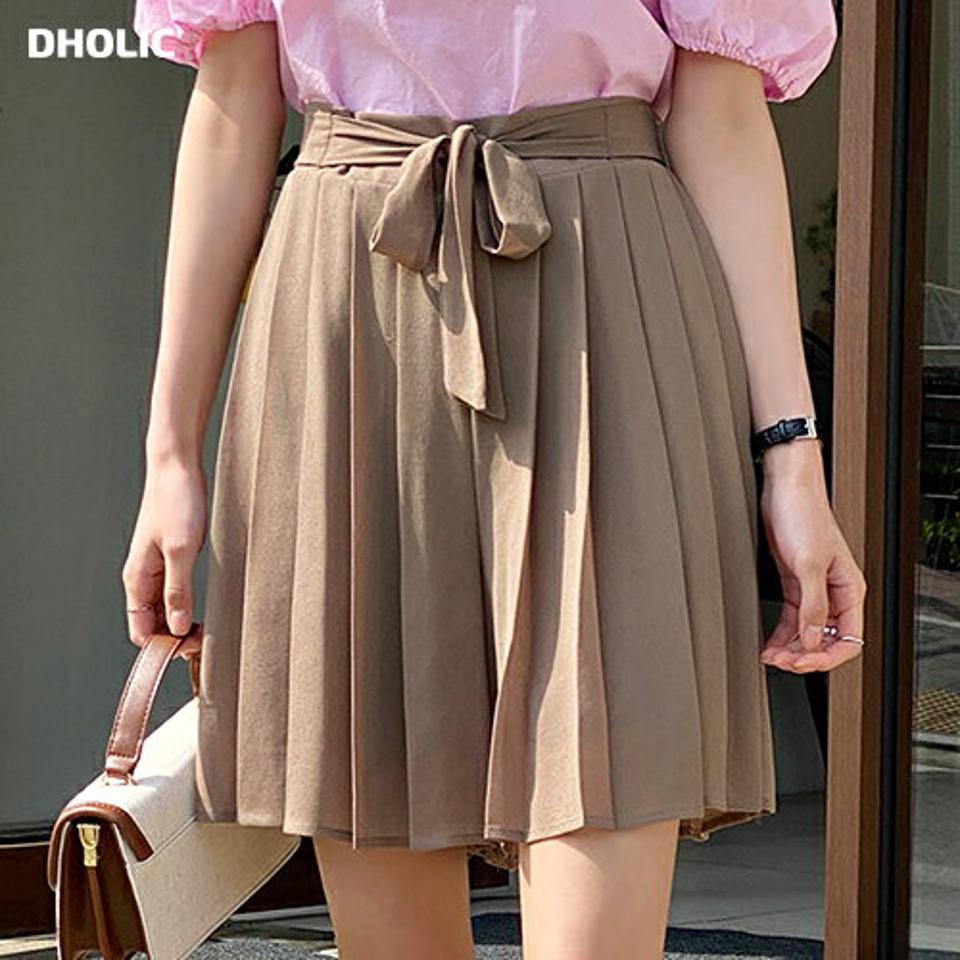 リボンプリーツハーフパンツ・b00709 レディース 【pt】 韓国ファッション ボトムス パンツ ハーフ丈 ハイウエスト リボン プリーツ 台形 シフォン バックウエストゴム 無地 ガーリー 大人カジュアル モード 春 夏 カジュアル