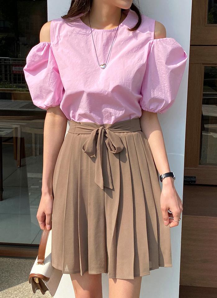 リボンプリーツハーフパンツ・b00709 レディース 【pt】 韓国ファッション ボトムス パンツ ハーフ丈 ハイウエスト リボン プリーツ 台形 シフォン バックウエストゴム 無地 ガーリー 大人カジュアル モード 春 夏 カジュアル