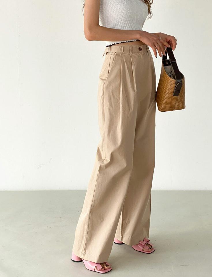 サイドベルトコットンワイドパンツ・t00662 レディース 【pt】 韓国ファッション ボトムス パンツ ロング丈 フルレングス ハイウエスト サイドベルト コットン 綿100 ワイド ストレート 無地 大人カジュアル デイリー 春 夏 カジュアル